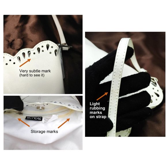 KIYTO Japan white Leather Satchel Perforated Scalloped Edge Shoulder Bag Purse - Picture 11 of 11